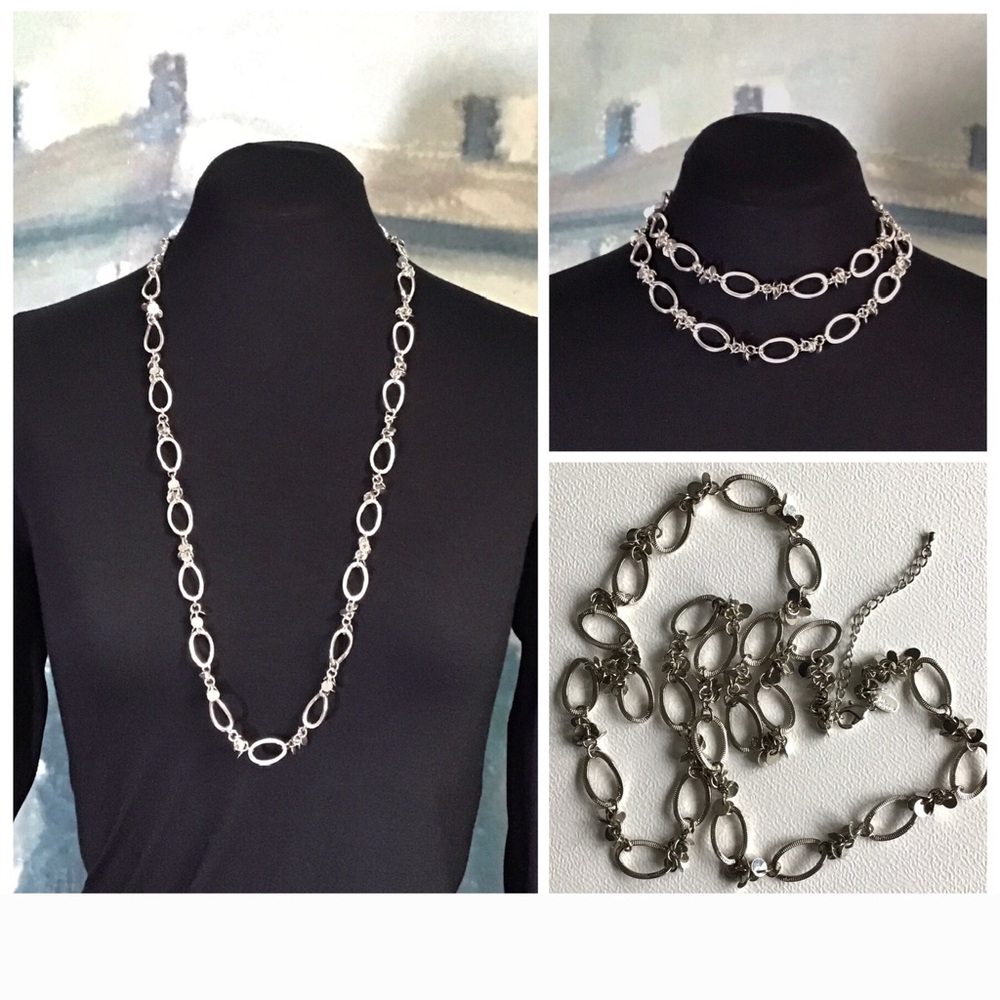 34” + 3” Lia Sophia Silver Link and Small Circle Disc Necklace